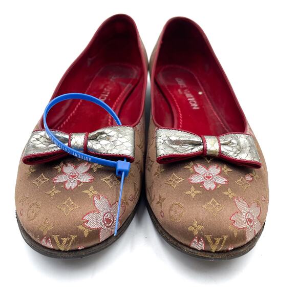 Louis Vuitton Cherry Blossom Monogram Floral Ballet Flats LV Brown Bow Sz 39 / 9 - Picture 3 of 12